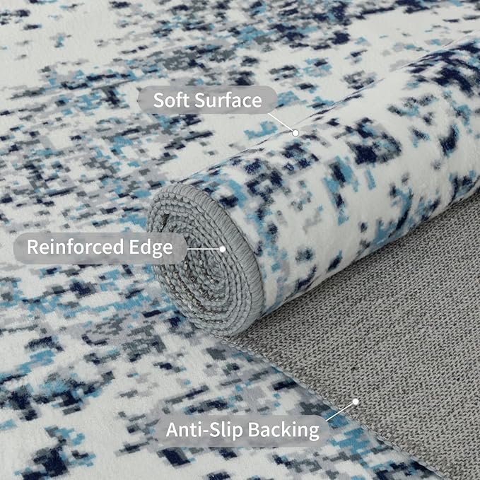 Easy-Going Round Area Rug 3ft Washable Boho Small Circle Rugs for Living Room Non-Slip Bedroom Rug Low Pile Lightweight Floral Print Vintage Throw Rug for Dining Room Kitchen Home Office, Blue Cream