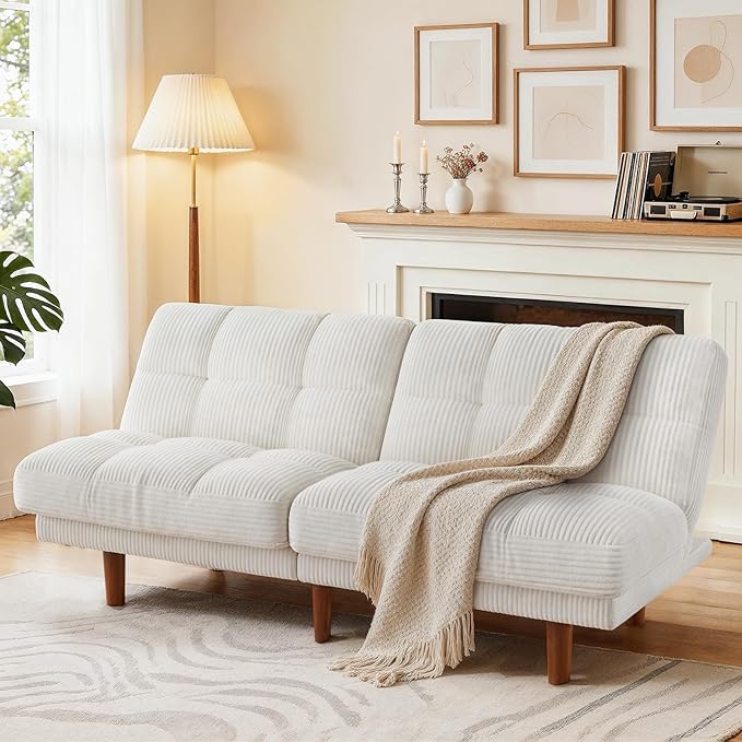 Marsail 65" Futon Sofa Bed, Convertible Small Recliner Sleeper Sofa Bed with Adjustable Backrest, Corduroy Loveseat Futon Couch for Small Apartments, Living Room Office, Guest Room (White)