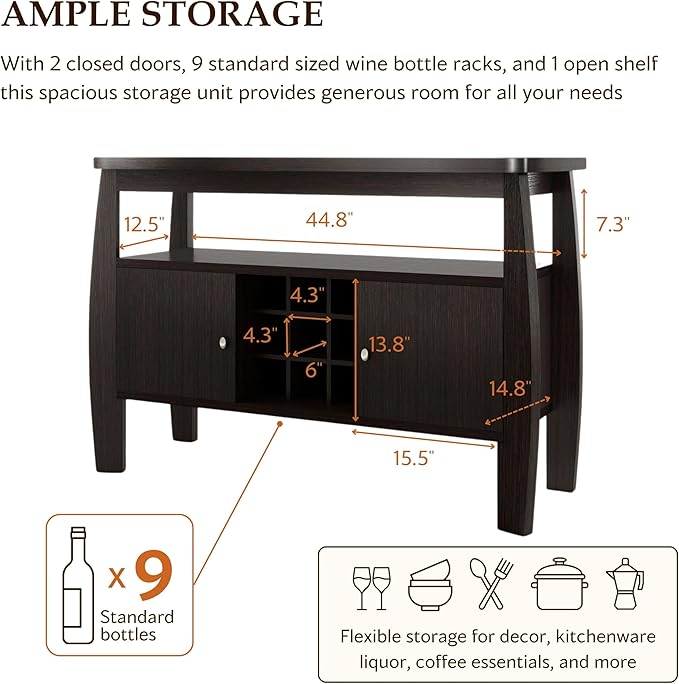 Furniture of America Clyton Modern Kitchen Buffet Storage Cabinet with Doors and Shelves, Wood Sideboard Table, Coffee Bars & 9 Grid Wine Rack, for Dining, Living Room, Dark Espresso