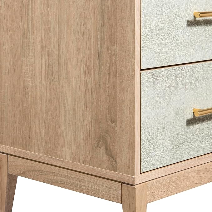 SANGO Shagreen 2-Drawer Nightstand, Modern Natural Wood Bedside Table with Gray Faux Shagreen Drawer Fronts, Brass Handles, Sturdy Legs, Elegant Storage for Contemporary & Luxury Homes