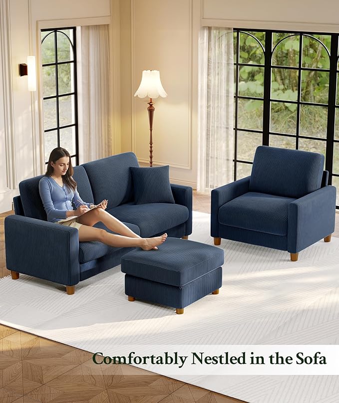 Welzona 25.2" Couches for Living Room, Comfy Blue Ottoman with Storage, Foot Rest Tool-Free Setup, Small Ottoman Foot Rest for Couch, Corduroy Couch for Bedroom, Apartment, Office
