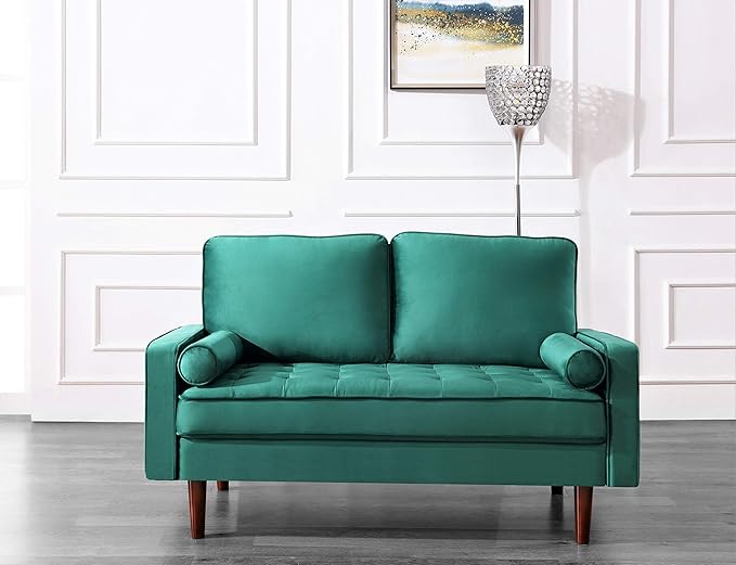 Container Furniture Direct Womble 58 Inch Velvet Loveseat Sofa with Elegant Button Tufted Upholstery, Square Arms, Splayed Wood Legs, Includes Matching Bolster Pillows, Pine Green
