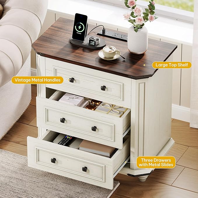 DWVO 29 Inch Wide Nightstand with Charging Station, Farmhouse Bedside Table with 3 Drawers, Wood Night Stand w/Storage, Rustic Bed Side End Table for Bedroom Dorm Small Space, White