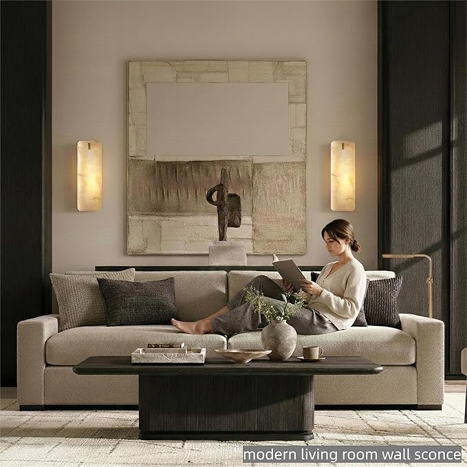 Modern Rectangular Alabaster Wall Sconce 16 Inch, Natural Spanish Stone Vanity Light Fixture, Brass Gold Dimmable Hardwired E12, Luxury Sconces for Bathroom Mirror Bedroom Bedside Corridor Home Decor