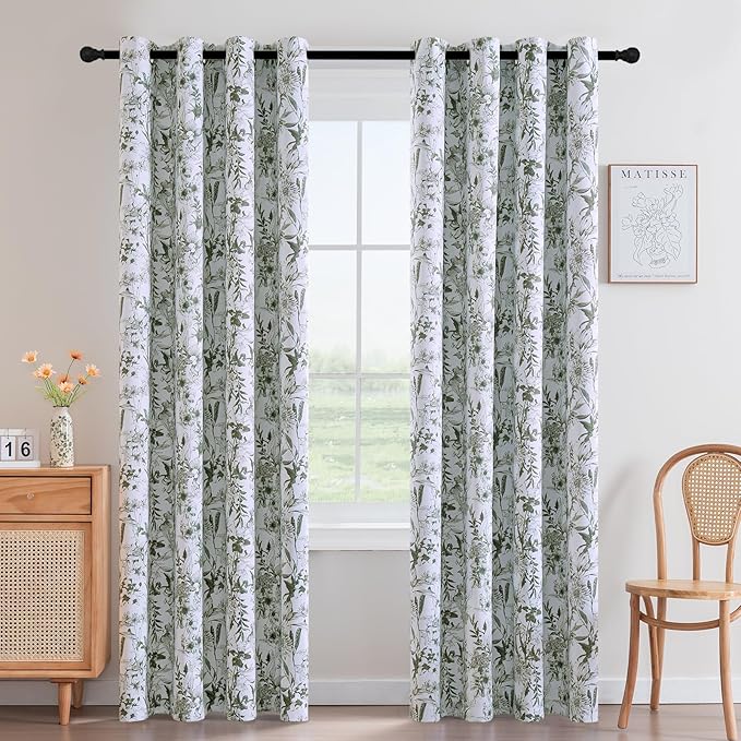 H.VERSAILTEX Blackout Curtains 84 Inch Length 2 Panels Set Floral Print Curtain Drapes for Living Room Thermal Insulated Grommet Window Curtains for Bedroom - French Jouy Flora in Sage