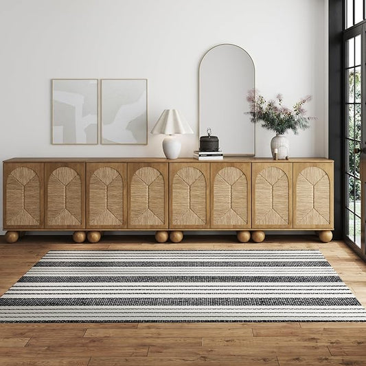 Nathan James Leah Boho TV Stand or Sideboard Cabinet for Kitchen or Living Room with Ball-Style Feet, Natural Seagrass Door Fronts and Solid Wood Legs, Light Brown, Set of 4