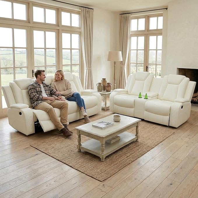 Power Recliner Sofa Set, Air Leather Reclining Couch with LED/Cup Holders/Storage, 2 Pieces Reclining Living Room Furniture, Creamy White Leather Sofa and Chair for House/Apartment/Office