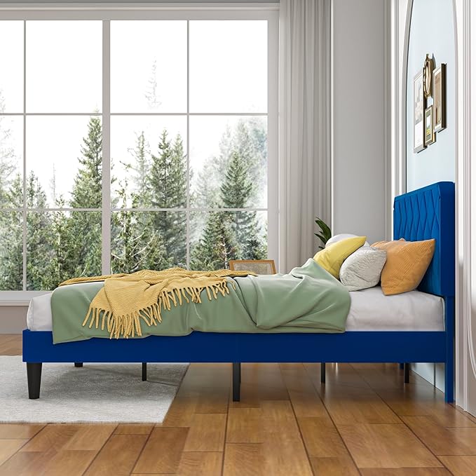 VECELO Queen Size Bed Frame, Velvet Upholstered Platform with Adjustable Headboard, Mattress Foundation with Solid Wood Slats, No Box Spring Needed, Easy Assembly