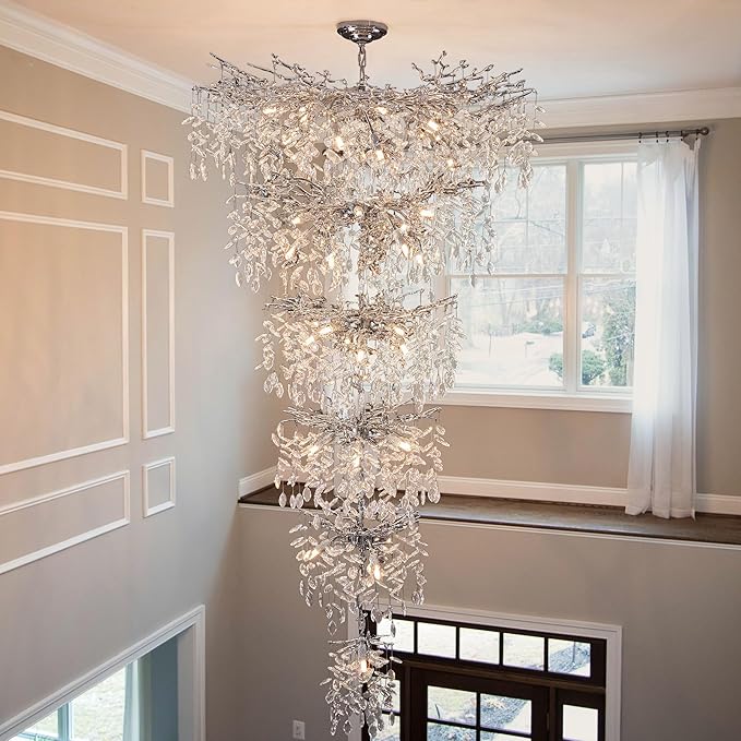 Luxury Silver 6-Tier Large Foyer Entrance Crystal Chandeliers Modern Long Staircase K9 Chandeliers for High Ceiling Big Crystal Chandelier(Height 75 Inch 43 Lights)