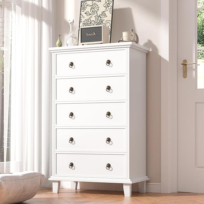 5 Drawers Dresser for Bedroom, White Chest of Drawers Tall Wood Dresser with Large Storage Organizer for Living Room, Hallway