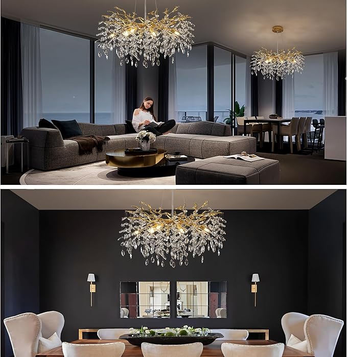 Tree Branches Chandeliers Luxury Round Crystal Pendant Light 8 Light Ceiling Hanging Light for Dining Room Bedroom Living Room Entryway Gold 23.7"