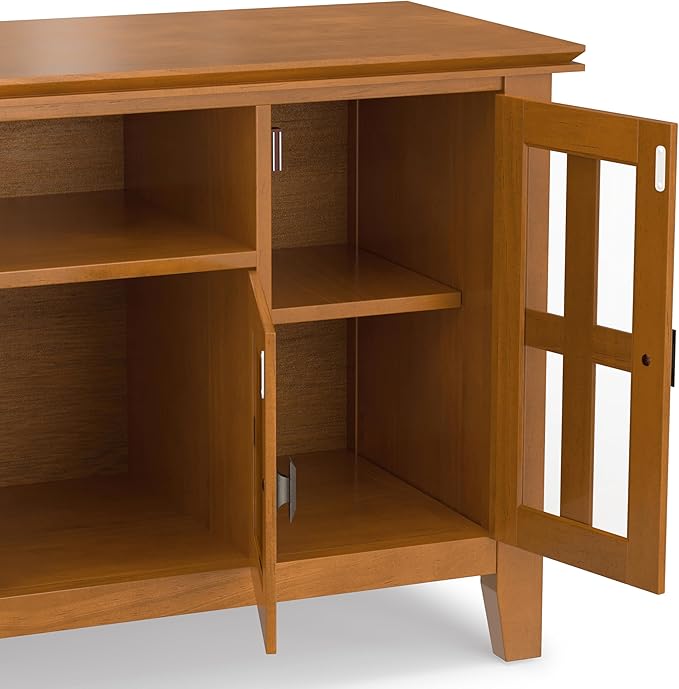 SIMPLIHOME Artisan TV Stand - 72 inch Wide Solid Wood Media Console in Honey Brown, Contemporary Entertainment Center for Living Room for TVs up to 80 Inches with Glass Cabinets and Cable Management