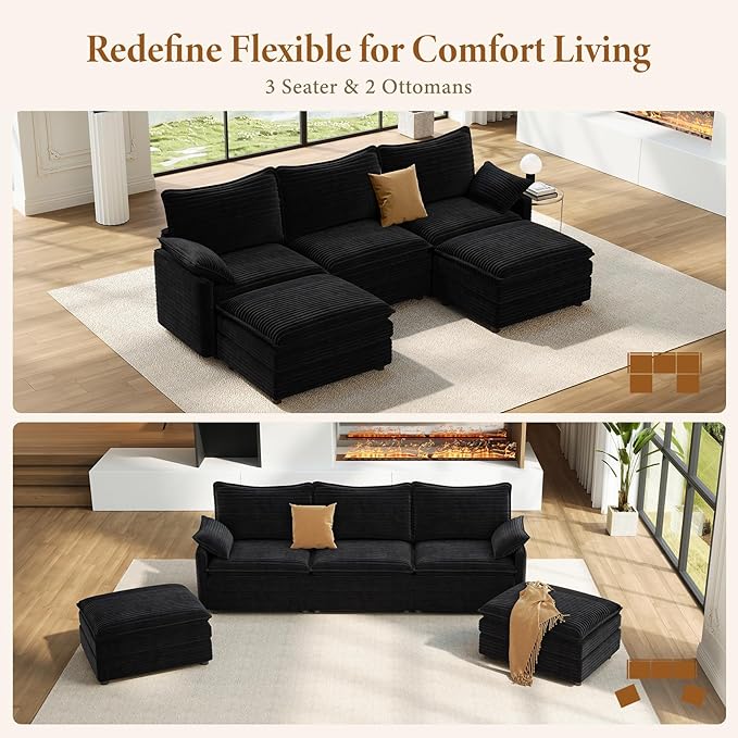 Vesgantti 108" U Shaped Sectional Couch, Comfy Cloud Modular Sectional Sofa with 2 Ottoman Deep Seat Corduroy Modern Cloud Sofa, Modular Sofas for Living Room, Bedroom and Apartment, Black | Sink-in Comfort, Height Adjustable, Easy Rearrangement, Extra...