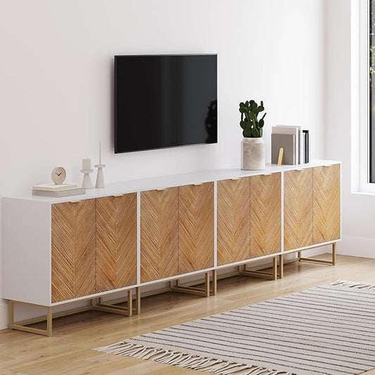 Nathan James Enloe Modern Storage Free Standing Accent Cabinet TV Stand with Doors in a Rustic Pine Wood Finish and Gold Metal Base for Hallway, Entryway or Living Room, Brown/White/Gold, Set of 4