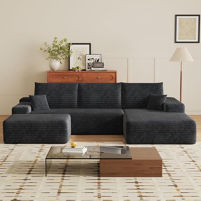 107" U Shaped Corduroy Couch with Ottoman, Compression Boneless Sofa, Deep Seat Cloud Modular Couch, Comfy Sectional Couches for Living Room Bedroom, No Assembly, Right Facing Chaise, Black