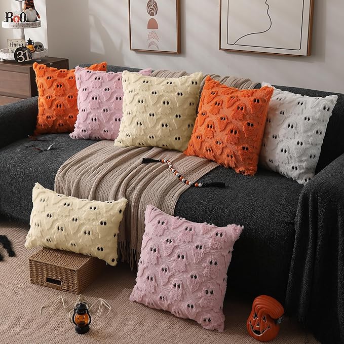 DFXSZ Halloween Pillow Covers 12x20 inch Set of 2 Beige Ghost Throw Pillow Cases Soft Plush Faux Fur Wool Couch Cushion Case for Chair Sofa Bedroom Living Room Home Decor PTK03D12