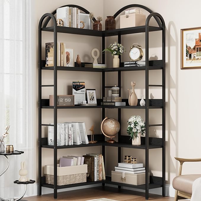 GarveeHome Arched Bookshelf Corner Bookcase, L Shaped Bookshelf Industrial Corner Bookshelves, Large Bookcase with Metal Frame, Corner Shelf Arch Display Rack for Living Room Bedroom