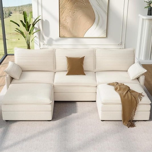 Vesgantti 108" U Shaped Sectional Couch, Comfy Cloud Modular Sectional Sofa with 2 Ottoman Deep Seat Corduroy Modern Cloud Sofa, Modular Sofas for Living Room, Bedroom and Apartment, Beige | Sink-in Comfort, Height Adjustable, Easy Rearrangement, Extra...