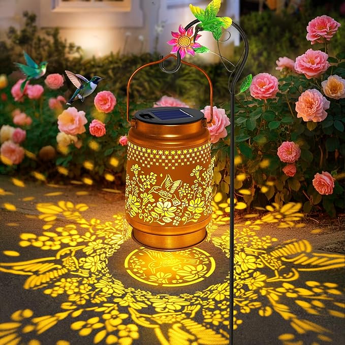 Solar Lanterns Outdoor Hummingbird Garden Decor, Gifts for Women Mom Grandma Birthday, Metal Hanging Solar Lights Waterproof with Shepherd Hook LED Decoration Outside for Garden Yard Patio Porch