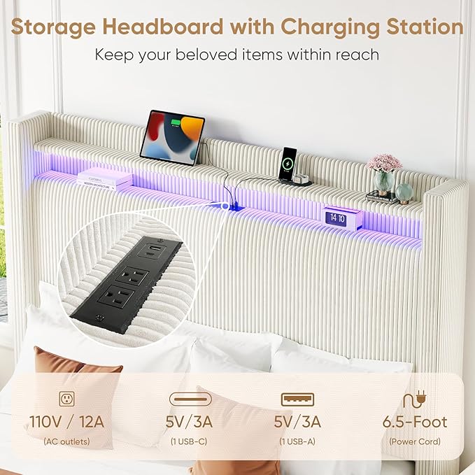 Full Size Bed Frame with Tall Headboard, 55.3" Corduroy Upholstered Platform Bedframe with LED Lights & Charging Station, Cream Full Beds, Wingback Storage Headboard, No Box Spring Needed, Wood Slats
