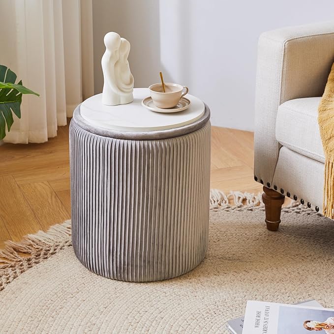 IBUYKE Round Ottoman with Storage Set of 2 Boucle Ottoman End Table for Living Room Vanity Stool Velvet Footrest Stool Bar Stool Grey UWBD005G