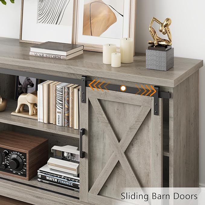 GarveeHome Farmhouse Tv Stand for 65 in TVs, Entertainment Center with Sliding Barn Doors and Adjustable Shelf, Modern Media TV Console TV Stand Table for Living Room, Bedroom, Grey