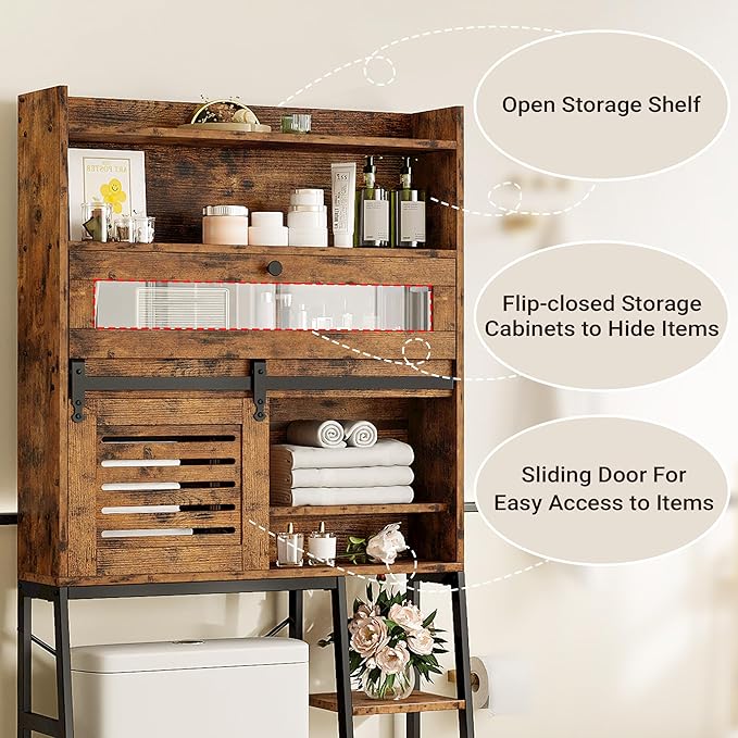 IRONCK Over The Toilet Storage with Cabinet, Sliding Barn Door, Side Storage Open Rack, Mass-Storage Over Toilet Bathroom Organizer for Bathroom, Restroom, Laundry, Vintage Brown