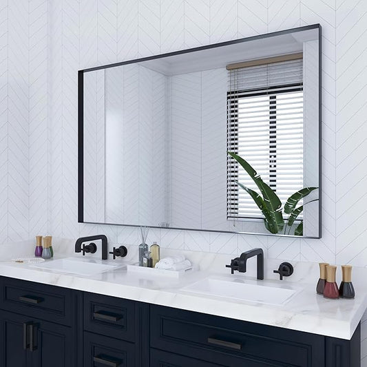 VocalStar Black Bathroom Mirror for Wall, 48 x 36 Inch Large Square Corner Rectangle Metal Framed Bathroom Vanity Mirrors Modern Farmhouse, 1/4-inch Shatterproof Glass | Ultra-Flush Hanging