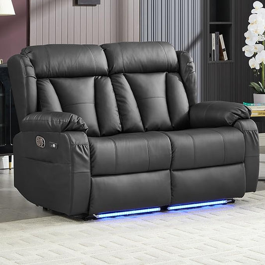 59" Loveseat Recliner Sofa, Manual Reclining Double Loveseat with USB-A & USB-C Ports/LED Lights, RV Couch for Living Room & Home Theater with Cup Holders/Side Pockets (Black with LED)
