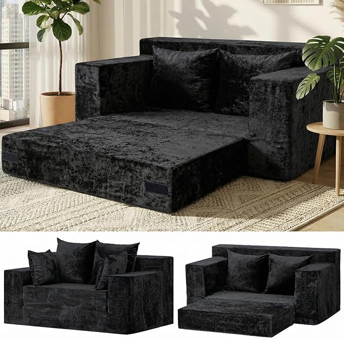 Convertible Sofa Bed, 5 in 1 Small Boneless Couch Pull Out Loveseat Sleeper Sofa,Corduroy Futon Couch Folding Mattress with 4 Pillows for Living Room (Black, Loveseat(Silky Velvet))