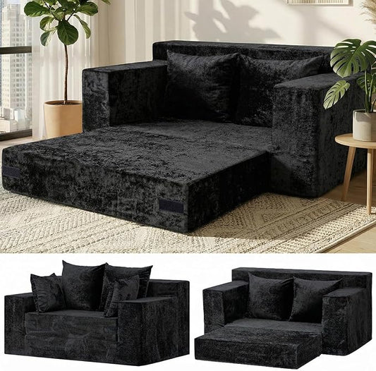 Convertible Sofa Bed, 5 in 1 Small Boneless Couch Pull Out Loveseat Sleeper Sofa,Corduroy Futon Couch Folding Mattress with 4 Pillows for Living Room (Black, Loveseat(Silky Velvet))