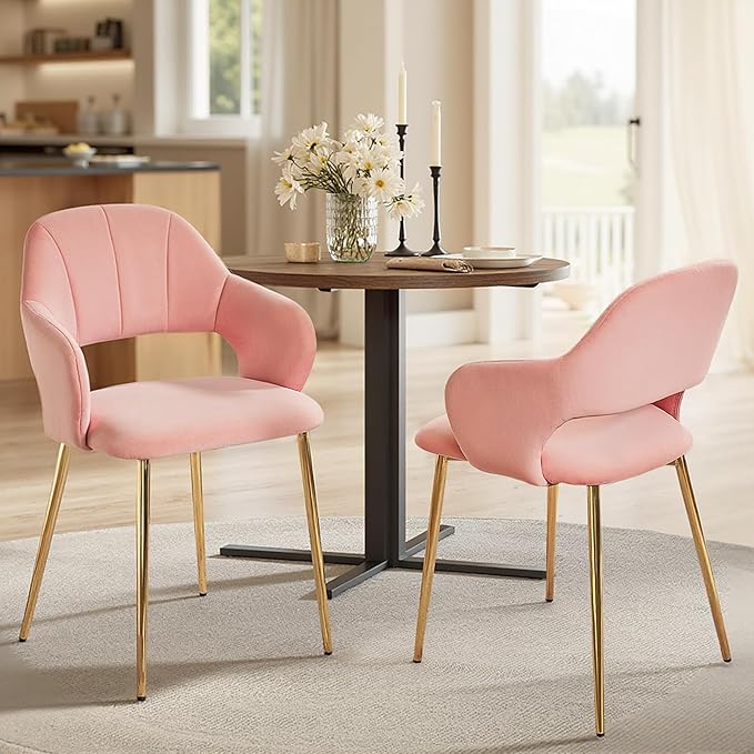 VECELO Velvet Dining Chairs Set of 4, Modern Upholstered Kitchen Chairs with Cushion, Padded Backrest and Metal Legs, Pink