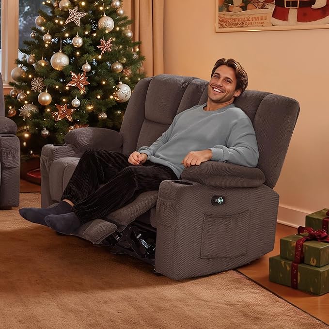 MCombo Zero Gravity Loveseat Power Reclining Sofa with Console, Heat and Vibration Massage, Recliner Couch for Living Room, Fabric 6035SET (Grey, Loveseat)