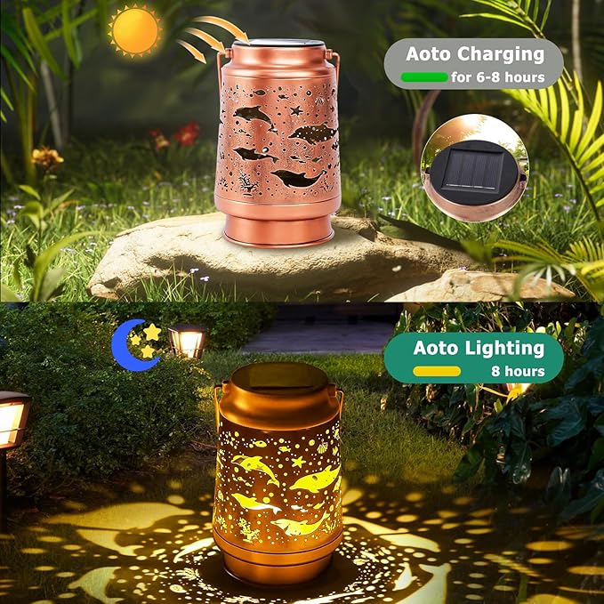 Dolphin Birthday Gifts for Women Mom Grandma, Solar Lanterns Outdoor Waterproof Garden Decor Hanging Lantern Lights, Metal LED Decorative Gardening Light for Patio Yard Lawn