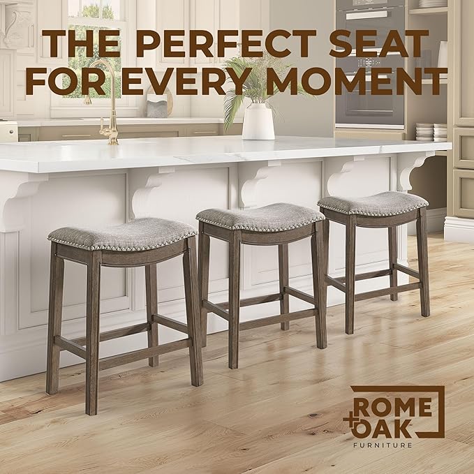 ROME + OAK Parker 26 Inch Counter Stool, Backless Saddle Kitchen Barstool in Walnut Finish with Grey Fabric Upholstery Cushion Seat
