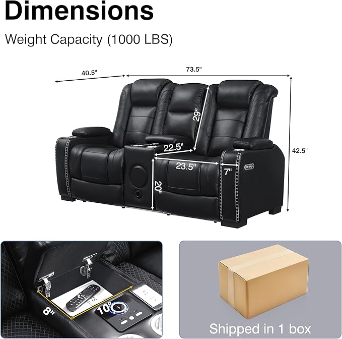 THSUPER Black Leather Power Recliner Loveseat with Arm Storage and Bluetooth Speaker, Theater Seating Leather Living Room Reclining Loveseat with Cup Holders and Wireless Charging. | Breathable material, LED ambient light, USB and Type-C port, In a box...