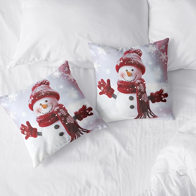 Christmas Snowman Throw Pillow Covers Winter Holiday Pillow Covers 24x24 Red Snowman with Snowflake Cushion Case for Couch Living Room Bedroom Sofa Set of 2