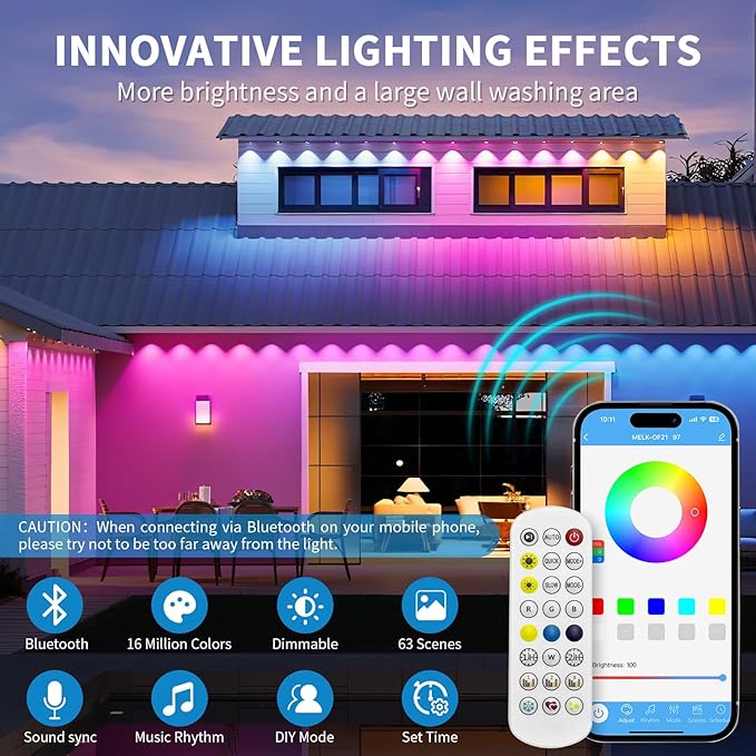 mw Permanent Outdoor Lights for House, 100ft RGB+IC Eave Lights, 50 Scene Modes, App/Remote Control, IP68 Waterproof, Smart Outdoor Light for Christmas, Halloween, Party Decor, House Roof Lighting