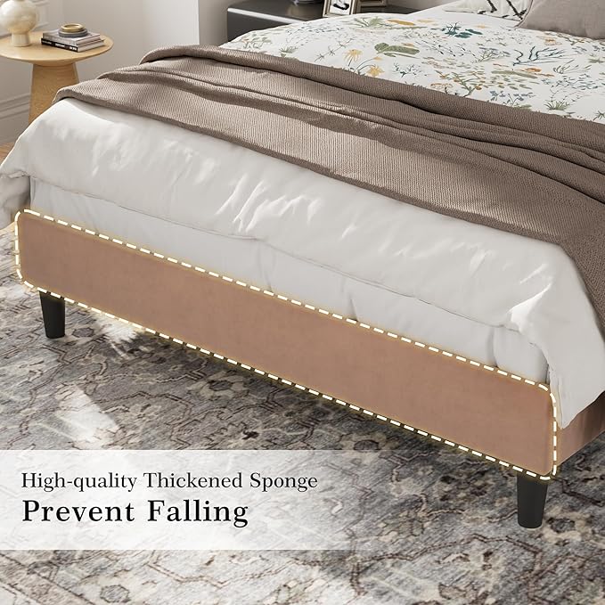 VECELO Full Size Bed Frame with Upholstered Headboard, Heavy-Duty Bedframe with Wooden Slats & Steel Framework, Easy Assembly, Coffee