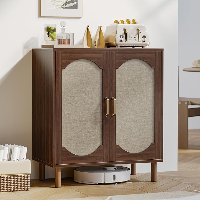 Buffet Cabinet with Storage, Imitation Fabric Arched Sideboard with Adjustable Shelves, Coffee Bar Cabinet for Kitchen, Living Room, Hallway, Entryway, Walnut