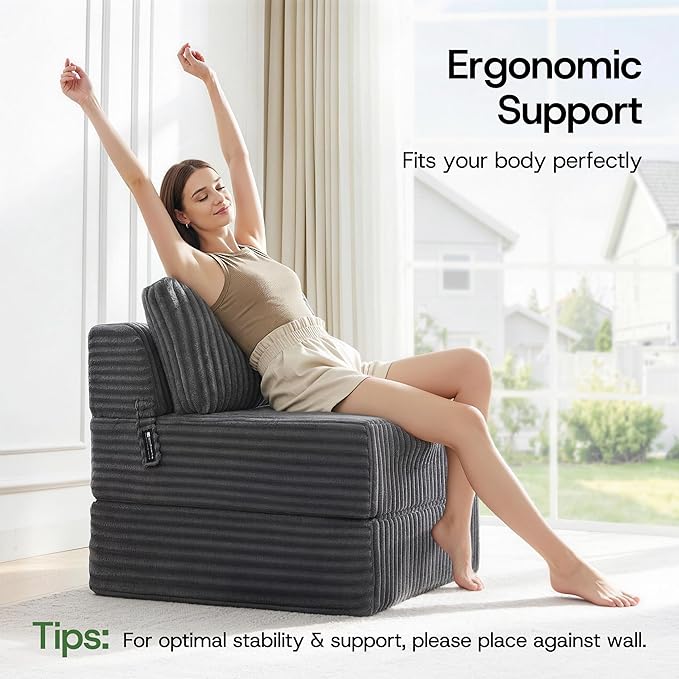 4-in-1 Folding Sofa Bed Convertible Chair Couch Foldable Chaise Lounger & Mattress Pocket Coils+Foam Fill, Portable No Assembly Boneless Sofa Floor Futon for Living Room/Bedroom, Single XL