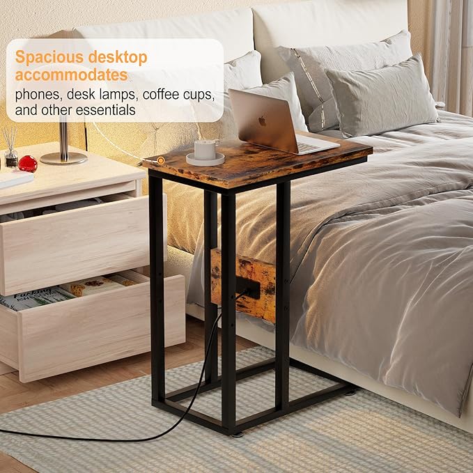VECELO C Shaped End Table with Charging Station & Power Outlets, Quick Access Side Table for Sofa, C Bedside for Living Room Bedroom 2 Set,Brown