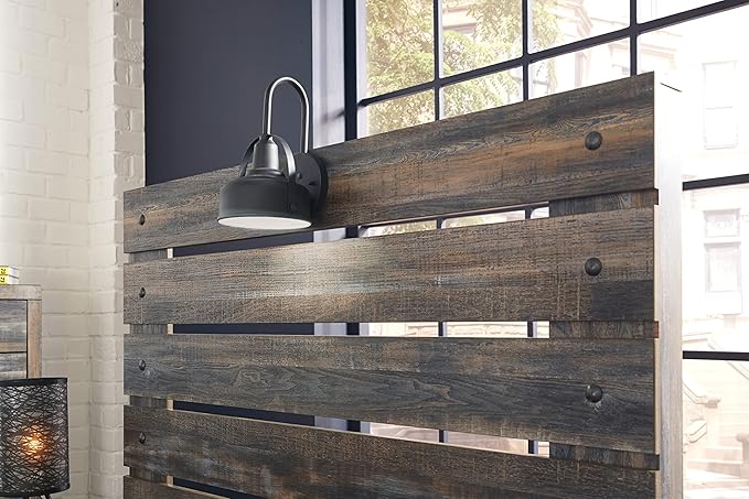 Signature Design by Ashley Drystan Rustic Twin Panel Platform Bed with 4 Storage Drawers, Open Cubbies, Sconce LED Light and USB Ports, Foundation or Box Spring Not Needed, Dark Brown & Gray