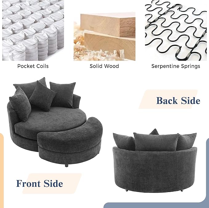 ERYE Oversized Round Accent Barrel Chair with Storage Ottoman and 360 Swivel Base, Modern Chenille Upholstered Leisure Recliner Armchair for Living Room Bedroom