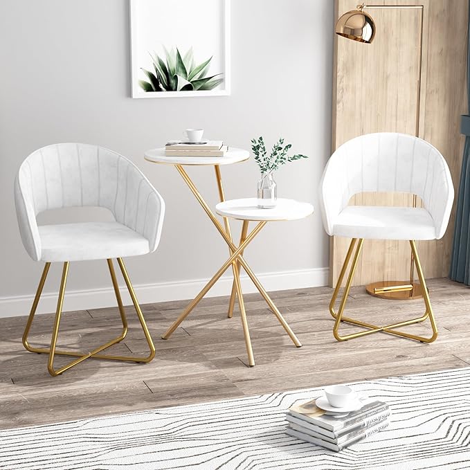 VECELO Velvet Accent Chair, Luxury Vanity & Dining Chair with Gold Cross Base, 360°Swivel Upholstered Armchair for Living Room, Bedroom, Home Office, Pearl White