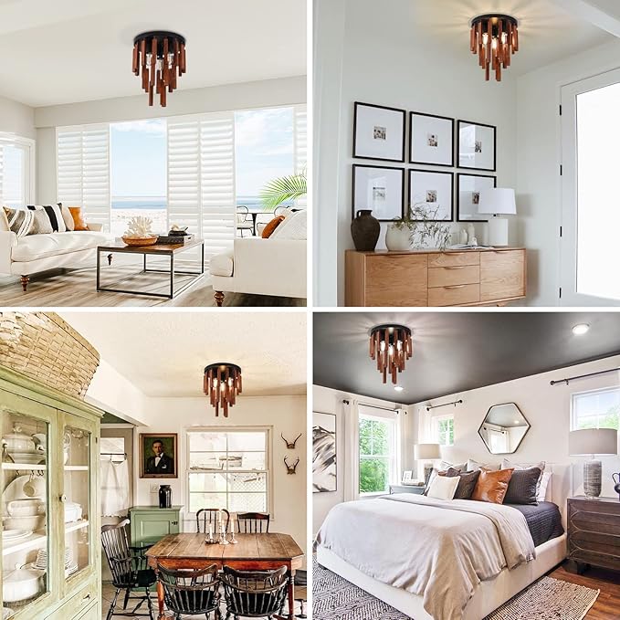 Farmhouse Flush Mount Ceiling Light Fixture, Rustic 3-Light Wood Strip Close to Ceiling Lights,Retro Vintage Red Oak and Black Kitchen Ceiling Lighting for Hallway Bedroom Entryway Living Dining Room