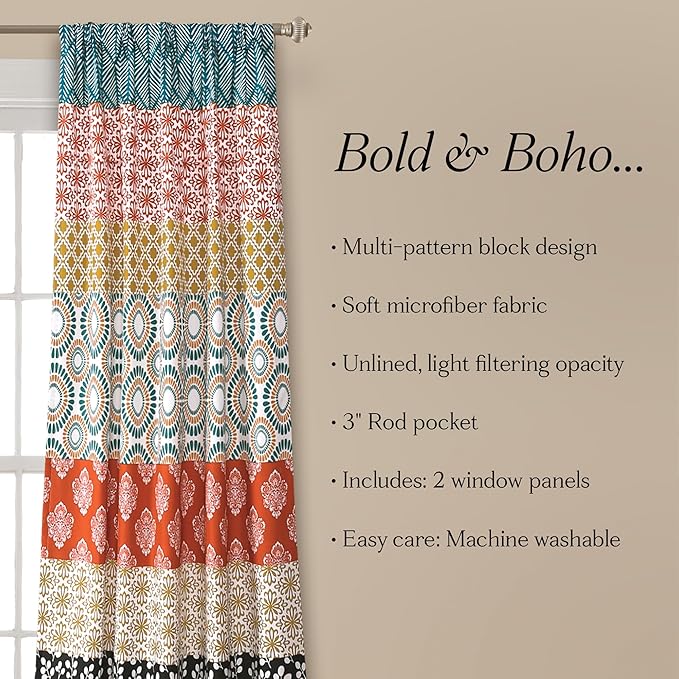 Lush Decor Bohemian Stripe Window Curtain Panels, Pair 52" W x 108" L Turquoise & Orange - Light Filtering Curtains for Bedroom - Boho Curtains - Maximalist Decor