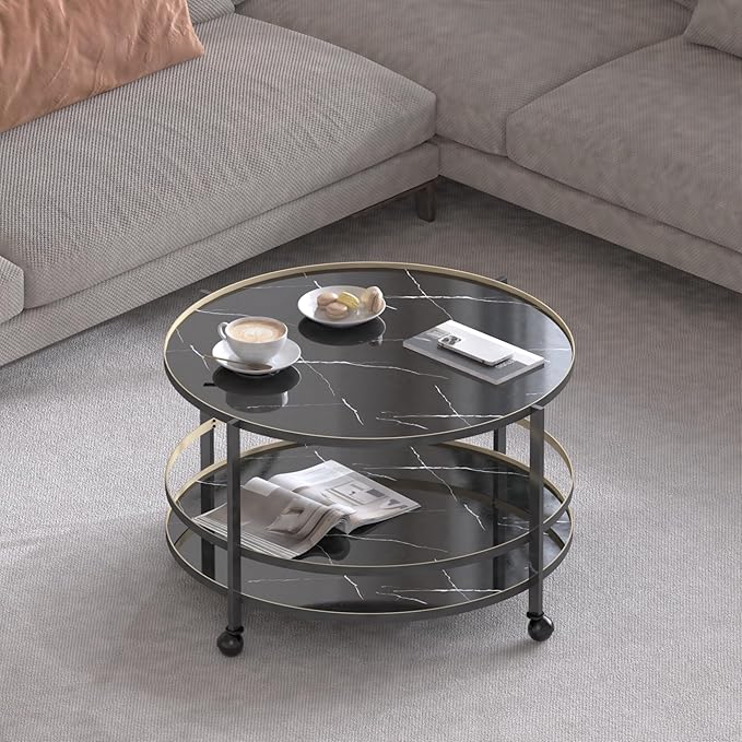 Round Coffee Table with Wheels & 2-Tier Design Black Marble-Textured Top, Sturdy Metal Frame & Premium Baked Paint Finish for Living Room, Balcony, Home - Easy Assembly - 31.5"x19.7"