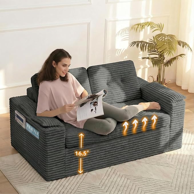 Loveseat Sofa, Boneless Cloud Couch for Living Room 2 Seater Modern Lounge Sleeper Couch with Removable Cover Corduroy Sofa with Armrest, Seat Cushion & Pillows for Small Spaces, Dark Grey