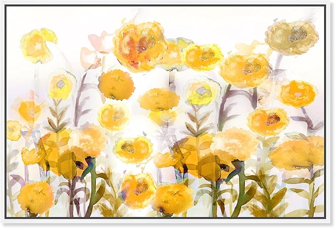 The Oliver Gal Artist Co. Floral and Botanical Wall Art Framed Canvas Prints 'Bella Garden Poppy Yellow' Gardens White Floating Frame 30" x 20"